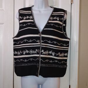 Vintage Lizsport  black and white button festive knit  down vest  M